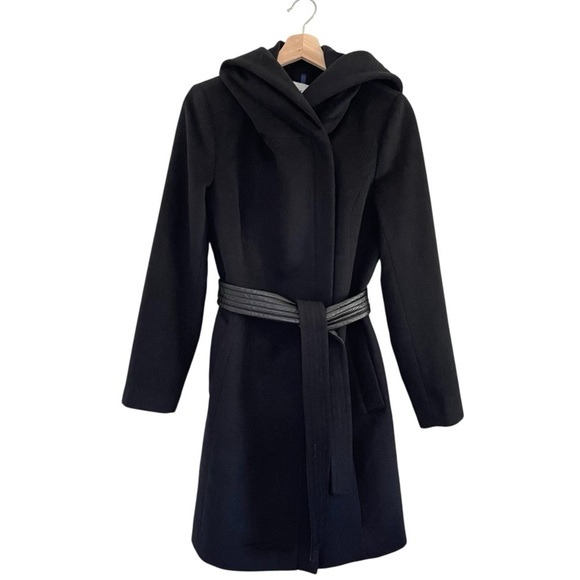 Cole Haan Wool Blend Hooded Coat Oversized Collar Removable Belt Black 6 - Picture 6 of 15